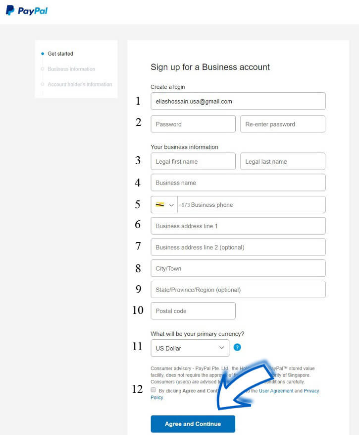 sign up for a business account on paypal