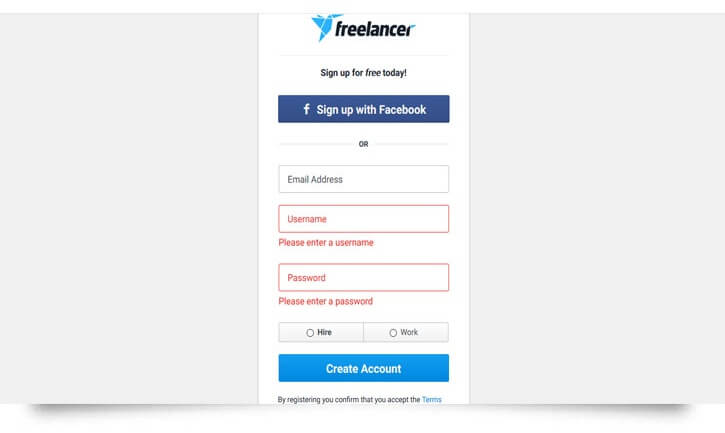 sign up page